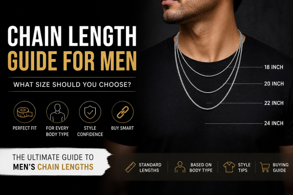 Man wearing multiple silver chains of different lengths (18, 20, 22, 24 inches) with a visual chain length guide for men, showing how necklace sizes fit on the chest against a black background.