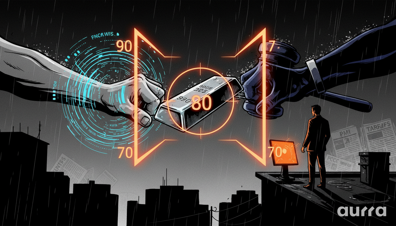 Noir-style illustration of two giant fists clashing over a silver bar labeled 80, framed by glowing 70 and 90 target brackets, symbolizing the market tug-of-war and range-bound volatility.