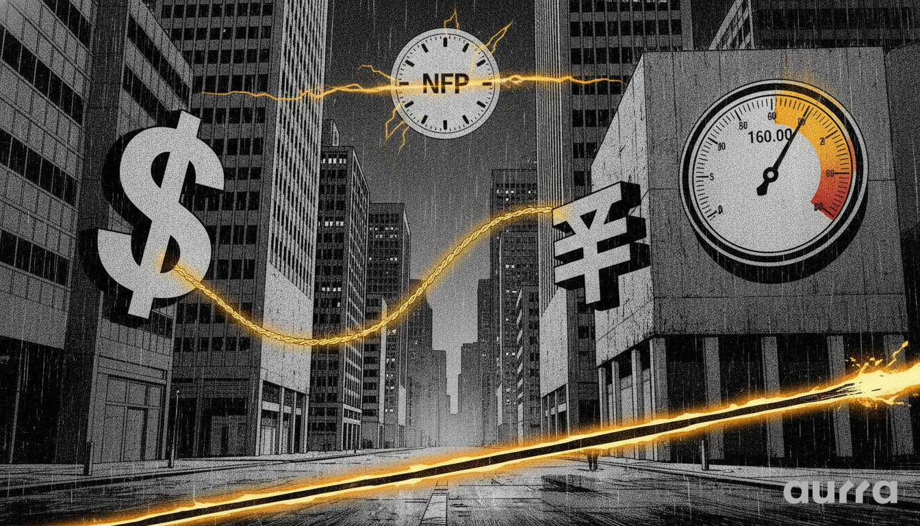 A noir-style illustration of a city street featuring a giant dollar sign on a skyscraper and a yen sign on a building with a large gauge displaying 160.00, beneath a sky clock labeled NFP.