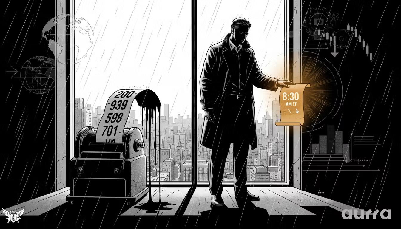 Noir-style illustration of a trader in a trench coat checking a glowing document marked 8:30 AM ET next to a ticker machine printing market numbers in a rainy office, representing the wait for U.S. economic data.
