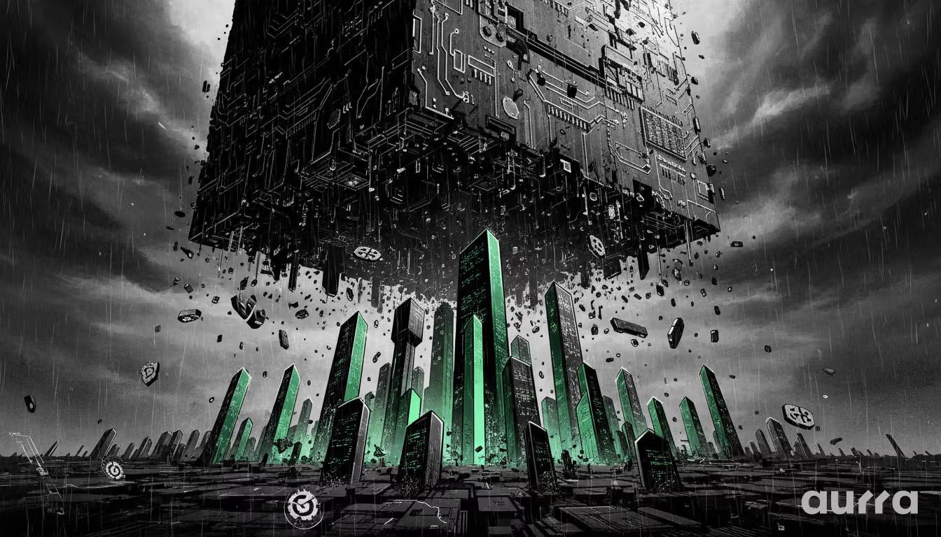 Noir-style illustration of a massive digital circuit cube descending heavily upon a city, while specific glowing green skyscrapers stand resilient, symbolizing the heavy pressure on Nvidia contrasting with the growth in software stocks.