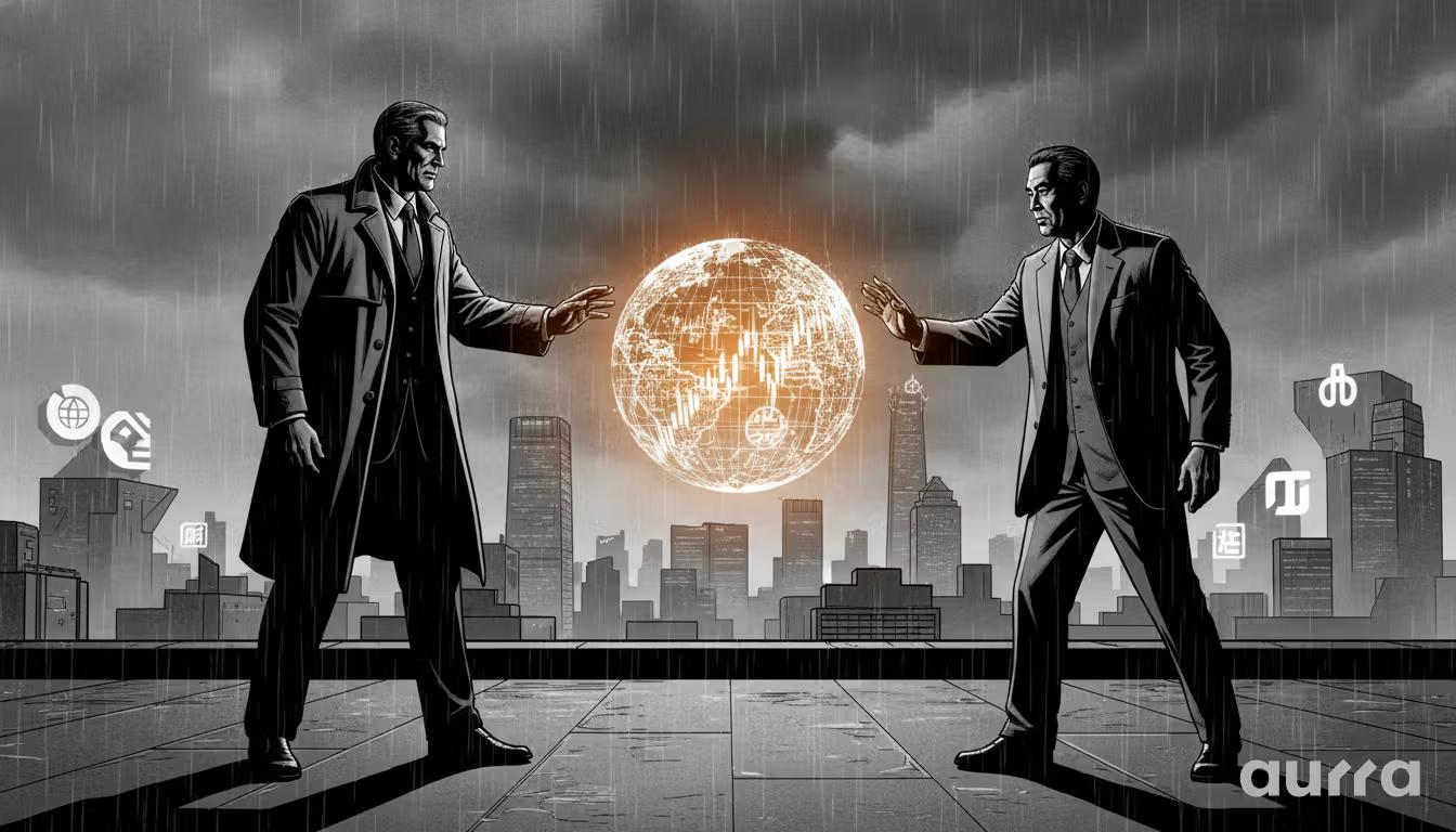 Noir-style illustration of two men in suits standing on a rainy rooftop overlooking a cityscape. A glowing golden globe featuring financial candlestick charts floats between them, representing the meeting.