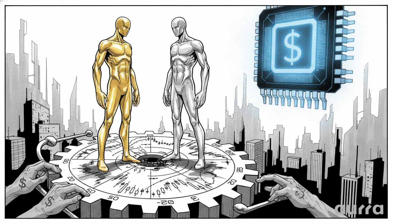 A sketch drawing in image_90bb27.jpg showing a gold and a silver humanoid figure standing on a giant gear displaying financial charts, with hands reaching from below and a glowing computer chip featuring a dollar sign floating above a city skyline.