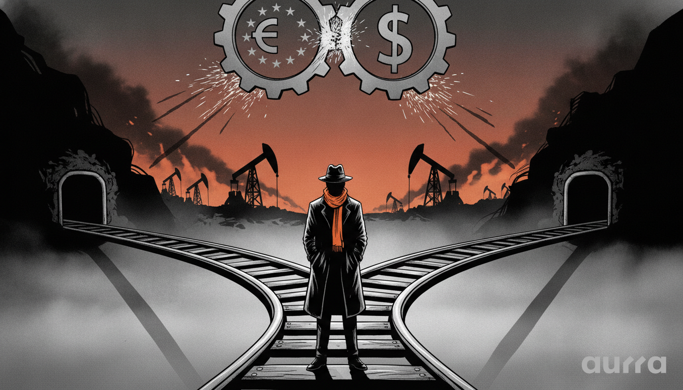 A sketch drawing in image_7315da.jpg showing a man in a coat and hat standing at a railway switch where tracks diverge into two tunnels. Oil derricks are in the background under an orange sky, and two interlocking gears above display the Euro and Dollar symbols.