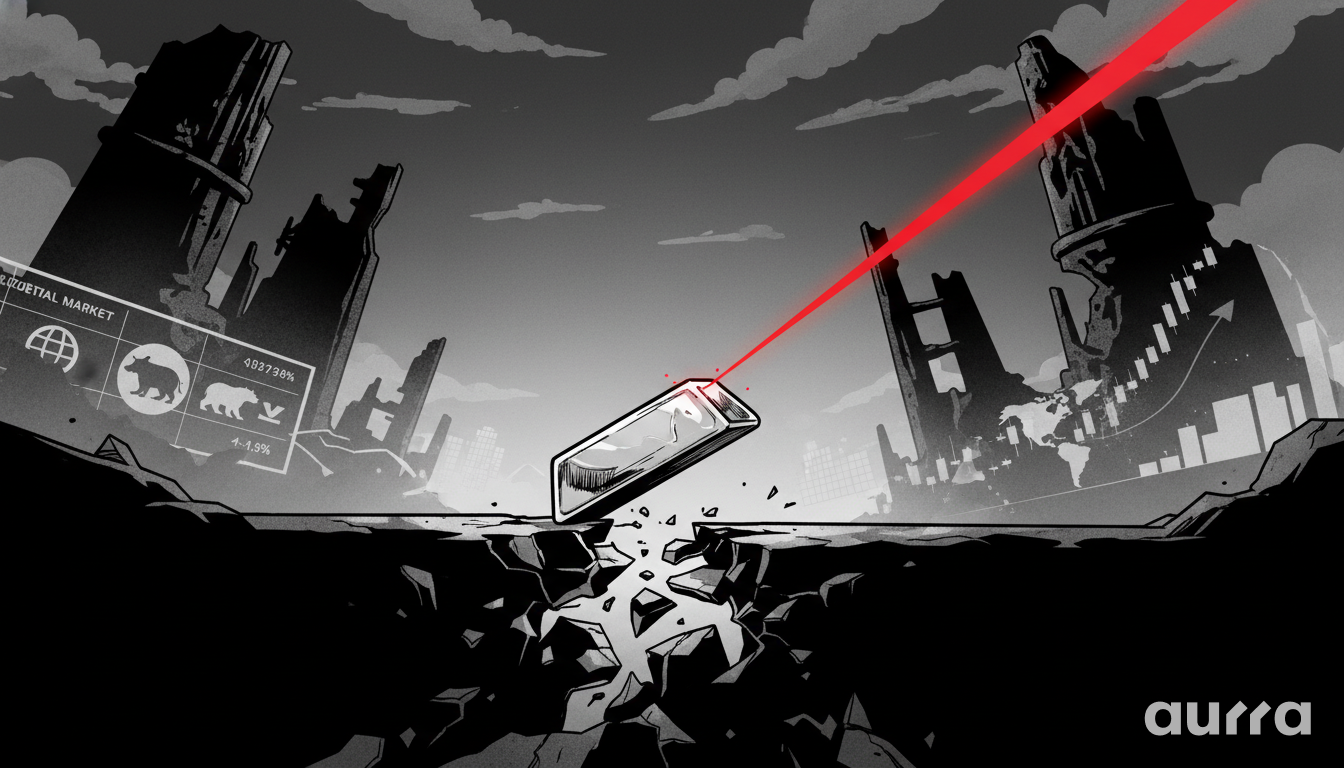 Illustration of a red laser beam striking a floating bullion bar, cracking the ground below. Ruined cityscapes, a bull and bear market sign, and financial charts sit in the dark background.