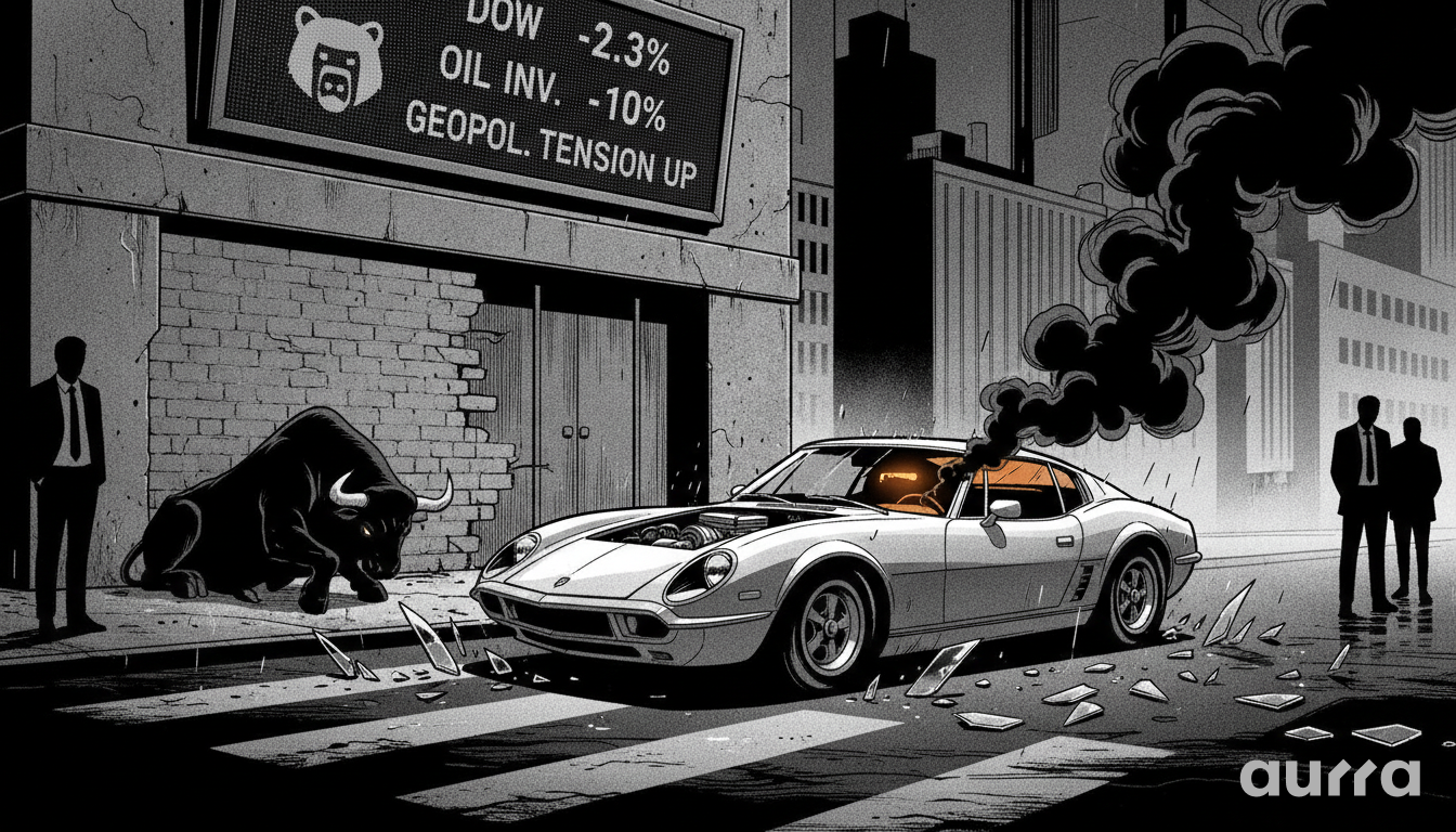 A black and white illustration in image_428901.jpg showing a damaged sports car smoking on a city street next to a resting bull, located beneath a digital ticker displaying bearish oil inventory drops and rising geopolitical tensions.