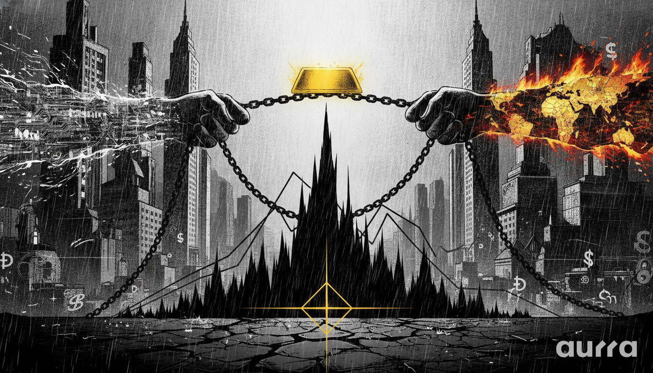 A sketch drawing in image_2e218e.jpg showing two hands holding chains attached to a glowing gold bar, with one hand dissolving into a digital circuit pattern and the other engulfed in flames shaping a world map, suspended over a jagged black mountain and a dark city skyline with a glowing gold square at the bottom.