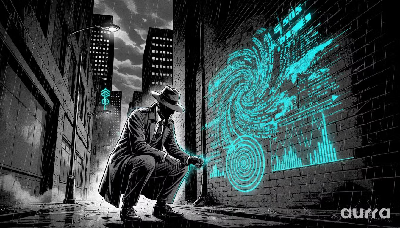 Noir-style illustration of a man in a fedora crouching in a rainy alley. He examines glowing teal financial charts and swirling data on a brick wall, symbolizing the search for market insights.