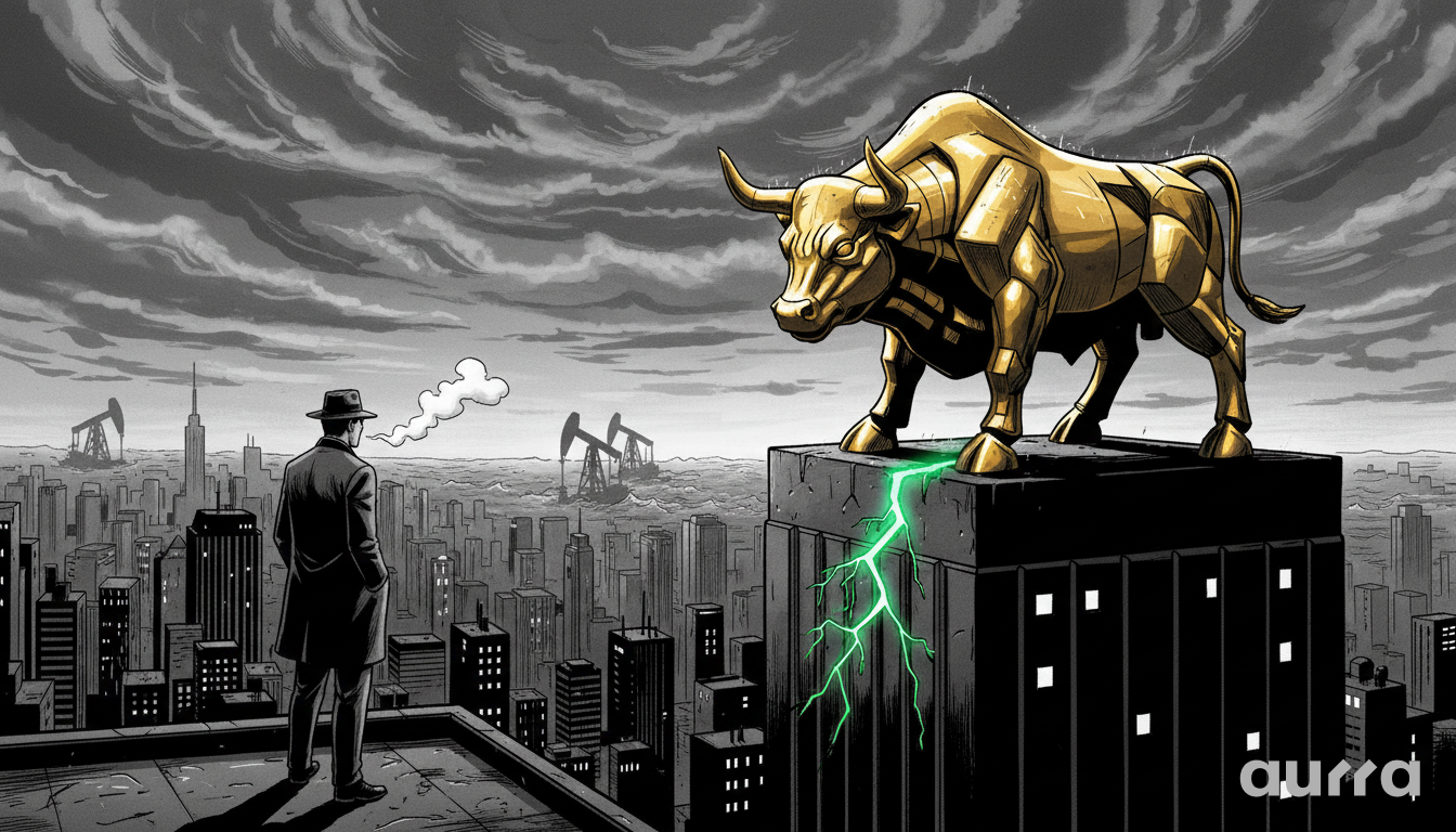 Illustration of a man in a trench coat and fedora standing on a rooftop exhaling smoke. He looks toward a giant golden bull statue perched on a skyscraper. Glowing green lightning cracks the stone pedestal under the bull, with oil pumps visible in the distant background.