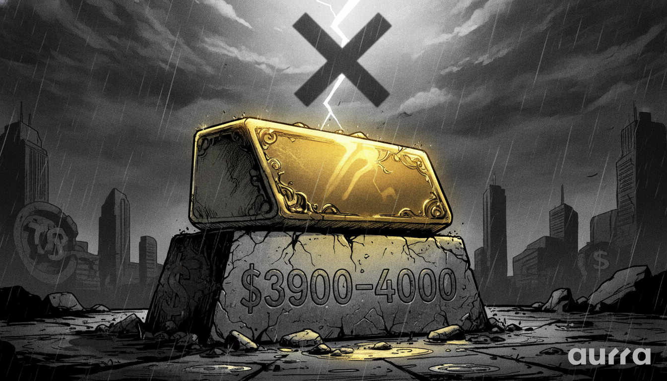 A drawing in image_d1d2e3.jpg showing a large golden bar resting on a cracked concrete base labeled $3900-4000 under a dark cloudy sky with a large letter X marked by a lightning strike.