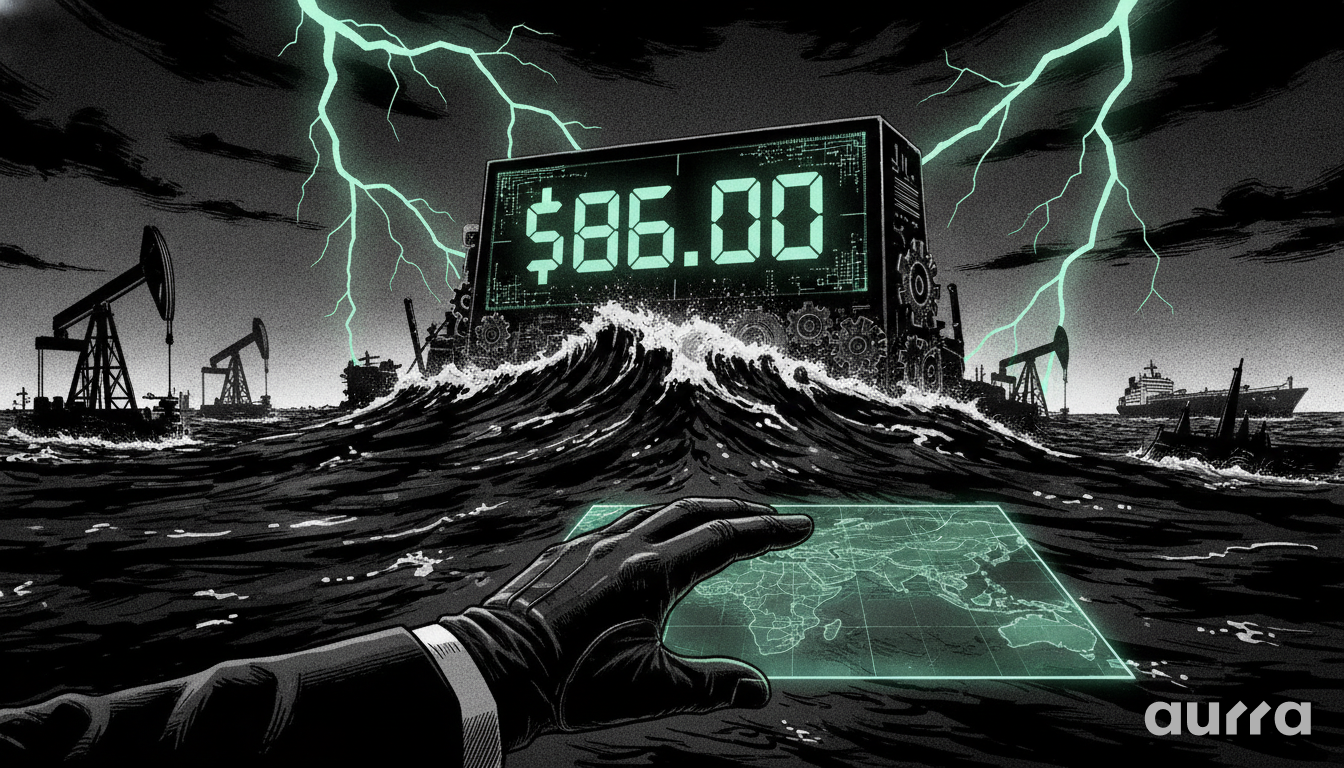 A sketch drawing in image_46f866.jpg showing a digital display reading $86.00 sinking in a stormy sea with oil derricks and a ship in the background, while a gloved hand reaches for a glowing green map in the foreground amid lightning.
