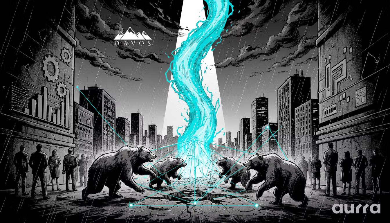 Noir-style illustration of a glowing blue energy beam shooting up from the ground beneath the "DAVOS" mountain logo, trapping a pack of bears in a geometric net, symbolizing the market's sudden bullish reversal and the "bear trap."