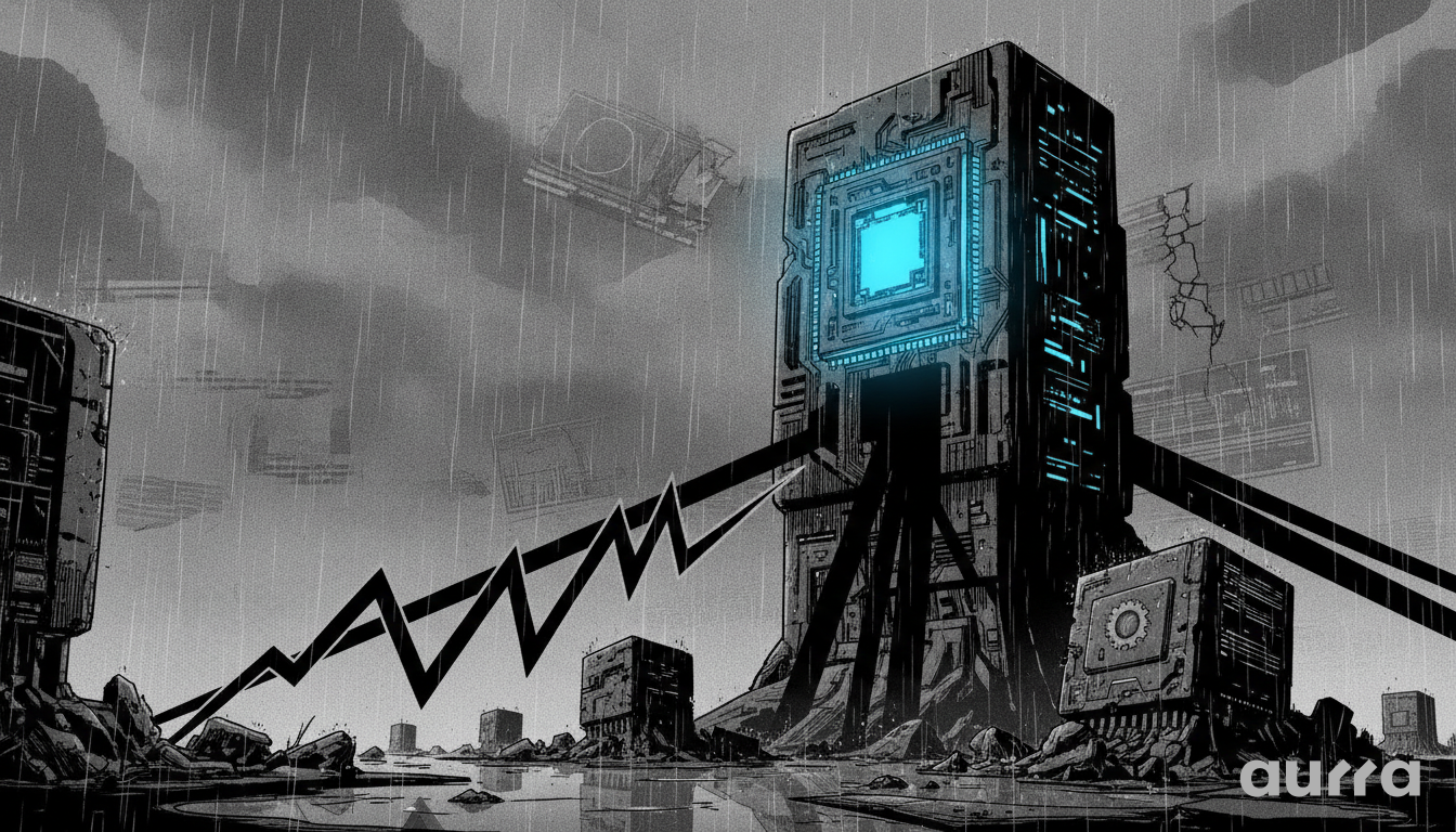 A dark sketch drawing showing a towering, monolithic computer processor structure with a glowing blue center screen standing in a rainy, desolate landscape alongside a jagged black line resembling a crashing stock chart.