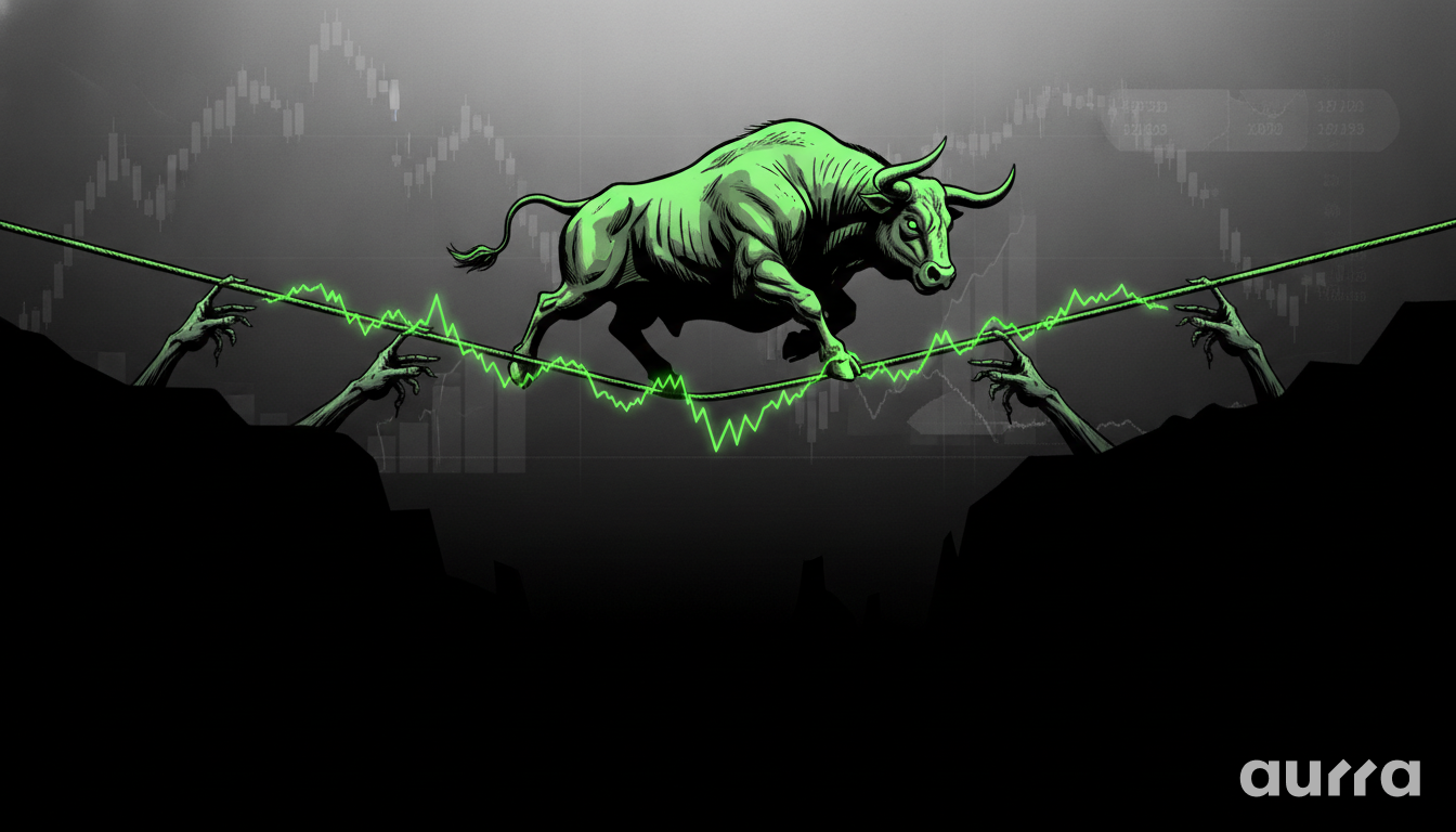 A drawing shows a green bull walking carefully on a tightrope that looks like a stock chart line while hands reach up from the dark below.