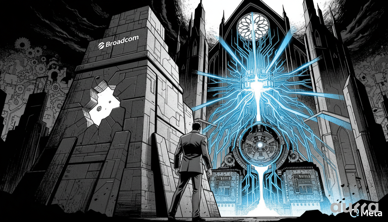 Illustration of a man in a suit standing before a dark stone temple. Glowing blue circuit lines radiate from a central core on the building. A broken obelisk on the left displays the Broadcom logo, with the Meta logo in the bottom right corner.