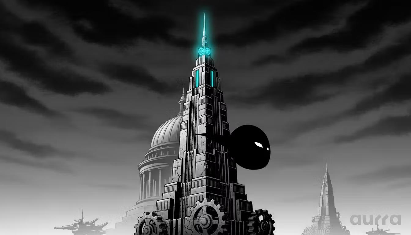 Illustration of a tiered skyscraper with glowing teal lights and gears at the base, labeled with S&P 500 technical levels. A shadowy orb floats nearby against a dark sky with a dome in the background, representing market concentration risks.