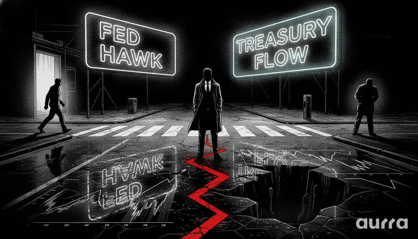 A noir-style illustration of a trader standing at a crossroad under neon signs reading Fed Hawk and Treasury Flow, with a glowing red crack splitting the pavement, symbolizing the US dollar's current market uncertainty.