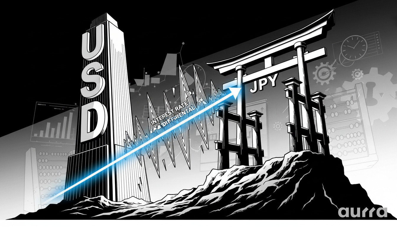Noir-style illustration of a towering skyscraper labeled USD looming over a traditional Japanese Torii gate labeled JPY, with a glowing blue arrow labeled "INTEREST RATE DIFFERENTIAL" shooting upwards between them.