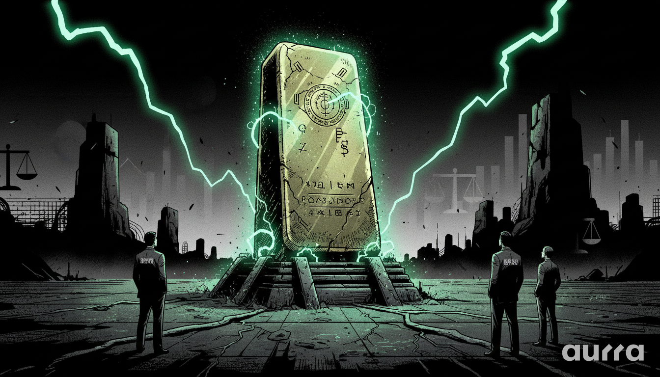 A glowing gold-colored monolith inscribed with ancient-style symbols, struck by green lightning in a dark urban landscape, representing the strong market position of gold (XAU/USD).
