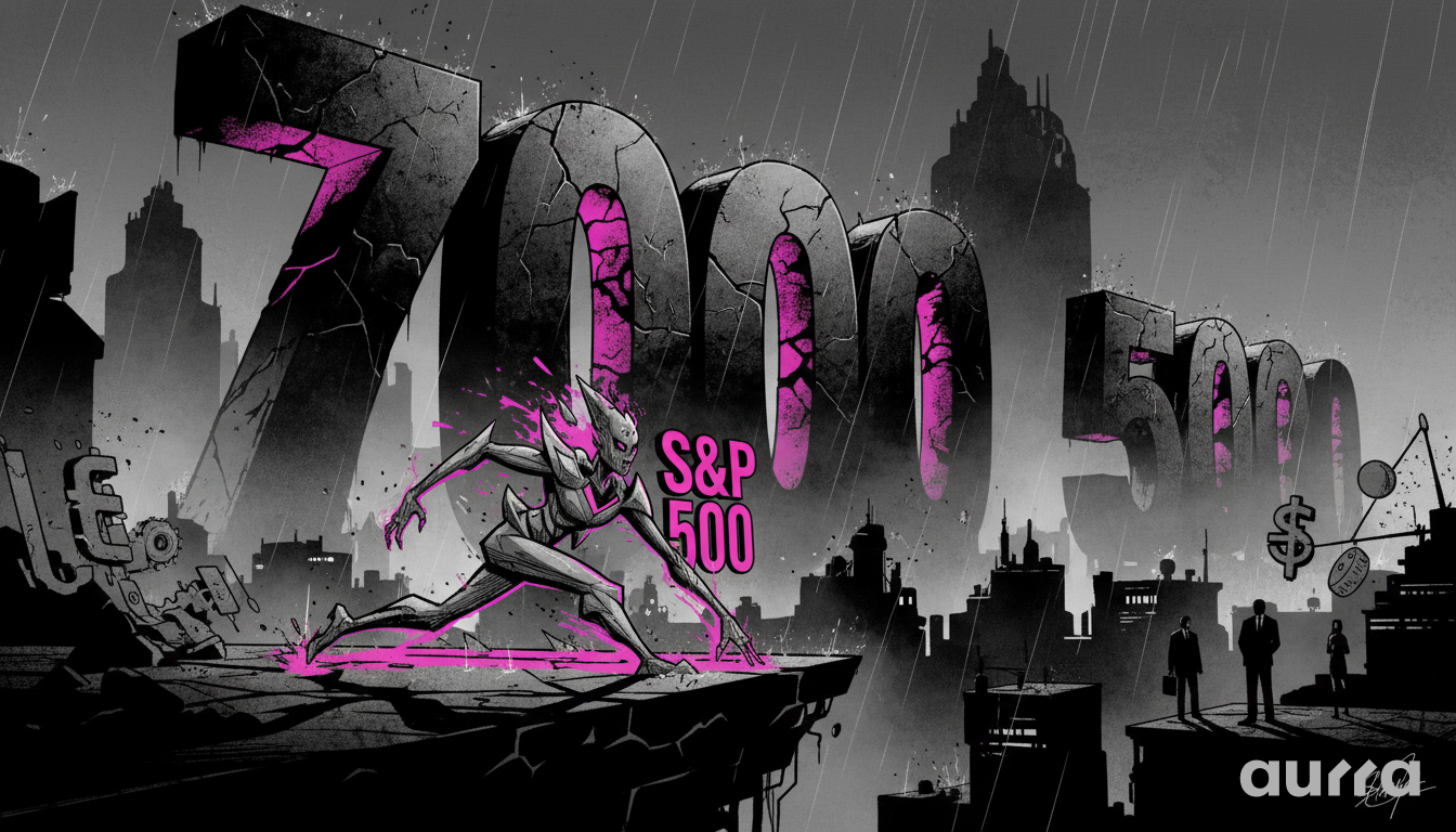 Noir-style illustration of an investor looking up at a massive skyscraper labeled "S&P 500" with a glowing "7000 LEVEL" sign at the summit, representing the psychological resistance of major market milestones.