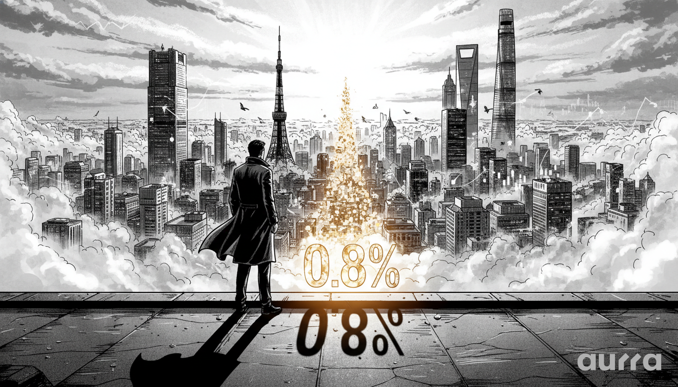 Noir-style illustration of a businessman overlooking an Asian city skyline including Tokyo Tower and Shanghai Tower, with a glowing "0.8%" rising like the sun, representing China's inflation forecast.