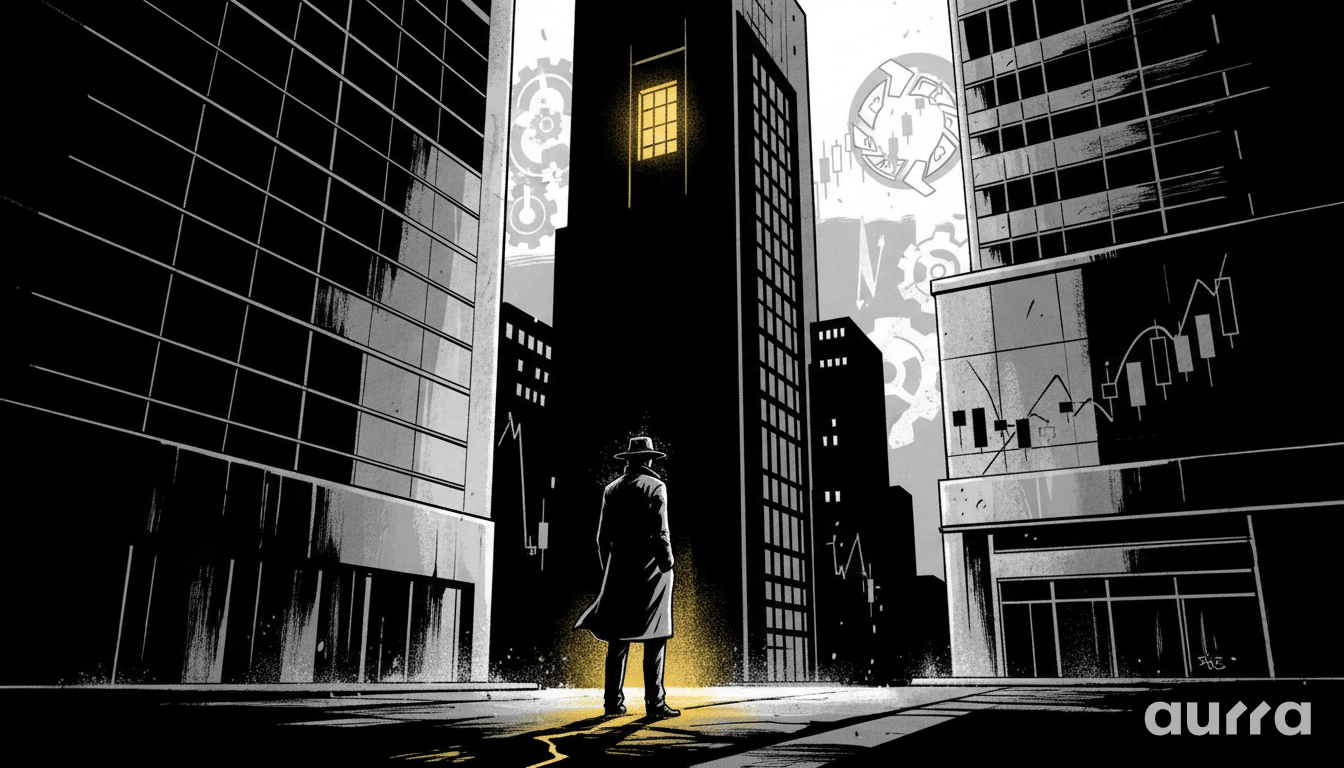 Noir-style illustration of a detective in a trench coat standing in a dark city alley surrounded by faint, falling chart lines, representing the search for strategic entry points during a market pullback.