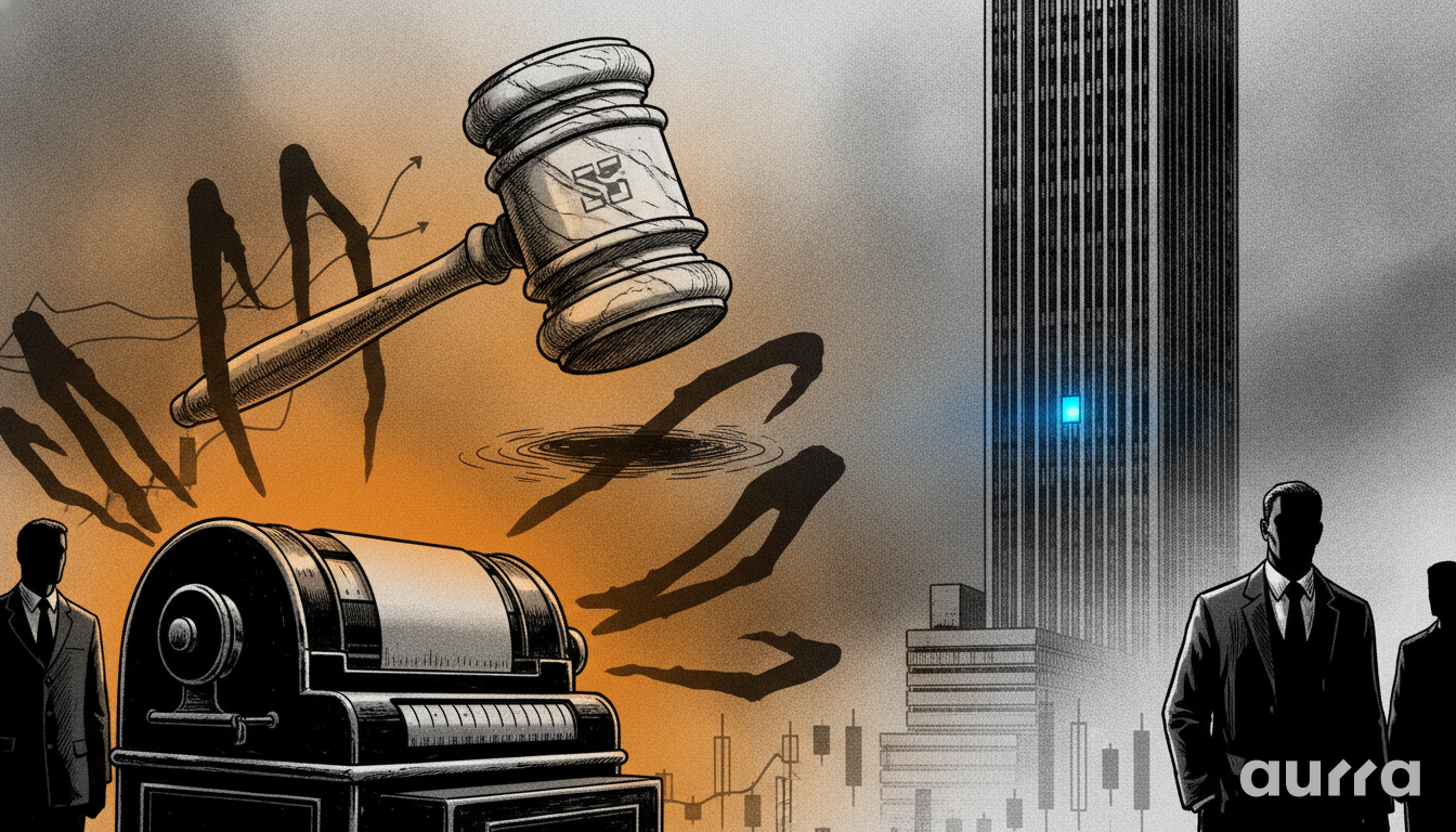 A sketch drawing in image_427cdd.jpg showing a large gavel hanging over a stock ticker machine alongside shadows of stock charts, a skyscraper, and businessmen.