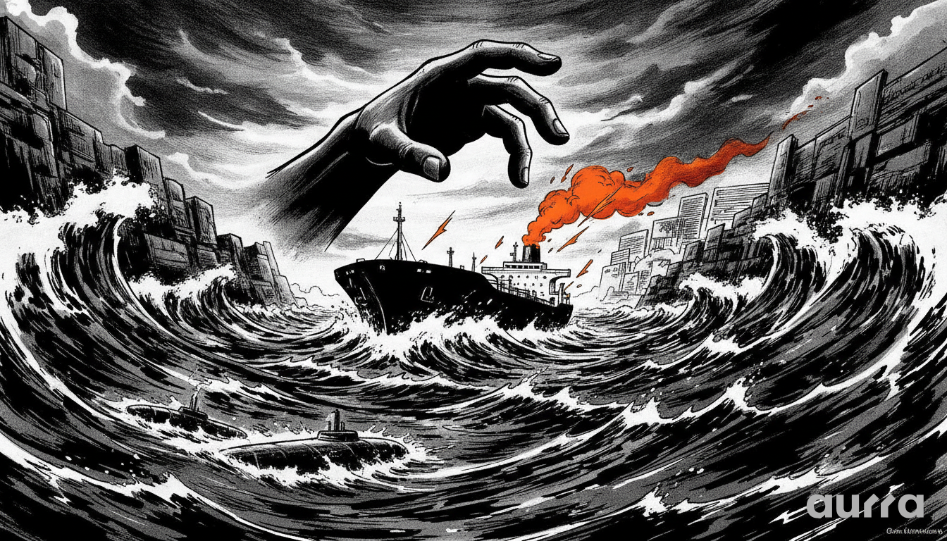 A sketch drawing in image_57335e.jpg showing a giant hand reaching down from dark clouds toward a cargo ship emitting red smoke in rough seas alongside submarines.