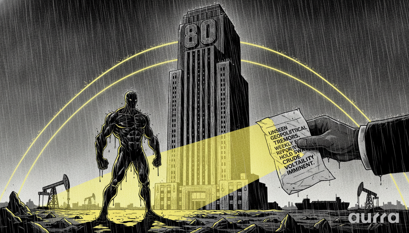 A black and white sketch drawing in image_579c3f.jpg showing a muscular figure covered in oil standing in front of a skyscraper labeled 80 during a rainstorm as a hand holds a note.