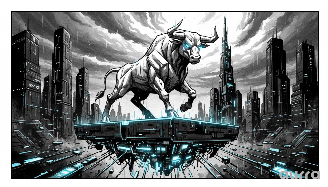 Noir-style illustration of a powerful mechanical bull standing on a floating cyber-platform surrounded by skyscrapers, symbolizing the resilience of the tech-heavy Nasdaq 100.