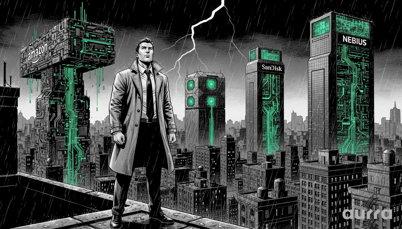 A man in a trench coat stands on a rainy city rooftop, looking toward futuristic neon skyscrapers labeled Amazon, SanDisk, and Nebius, representing growth stocks analyzed during market volatility.