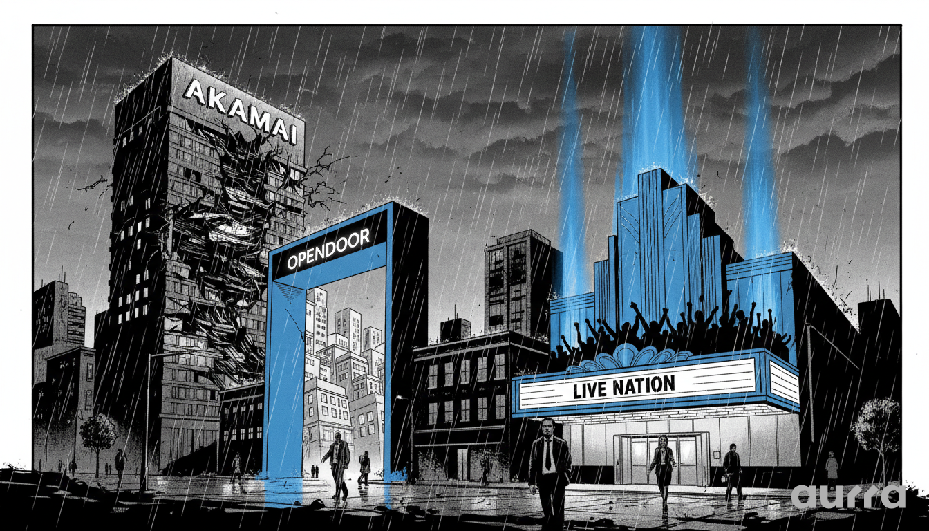 A digital stock market dashboard displaying "After-Hours Moves" with a green 13% upward arrow for Opendoor Technologies and a red 8% downward arrow for Akamai Technologies.