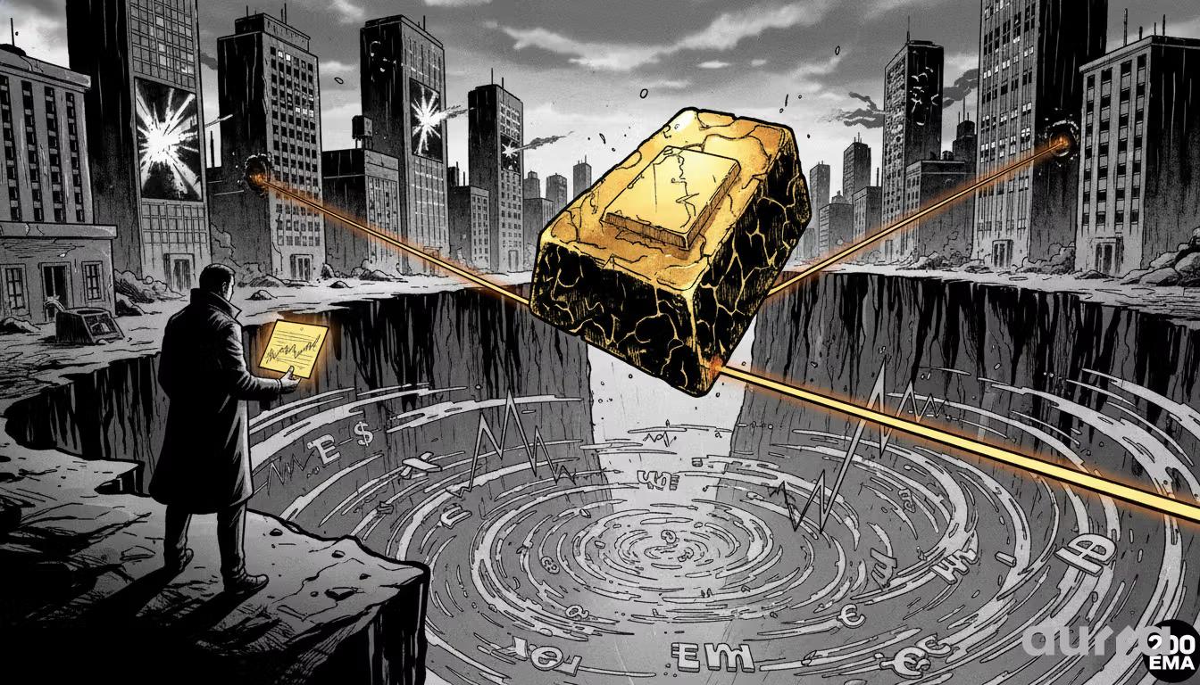 Noir-style illustration of a man in a trench coat holding a document, looking over a deep chasm containing a swirling vortex of currencies and charts. A massive cracked gold bar is suspended over the chasm by glowing lasers from surrounding skyscrapers, with the text 200 EMA visible in the corner, representing the critical support level.