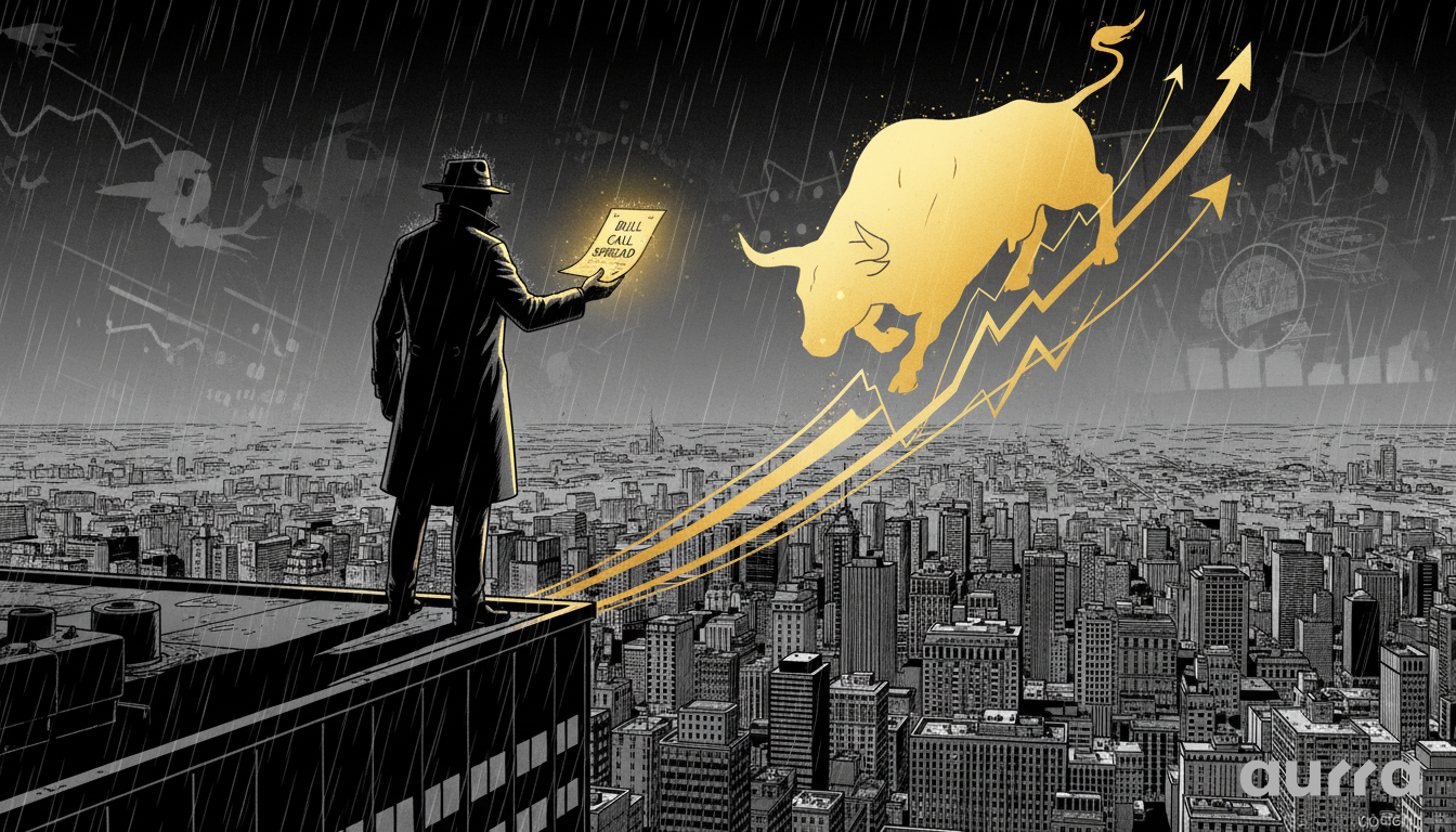 Noir-style illustration of a trader standing on a skyscraper ledge, holding a glowing contract labeled "BULL CALL SPREAD," watching a golden bull leap upward along a rising chart line, representing the bullish options strategy for Apple stock.