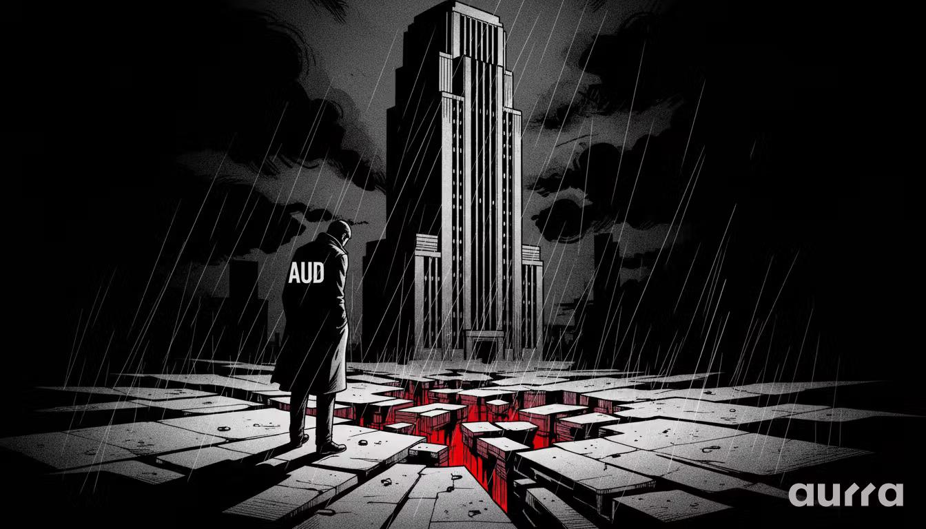 Noir-style illustration of a heavy stone bear pushing a glowing trendline down from a high cliff peak, symbolizing the technical rejection and bearish pressure hitting the Australian Dollar.