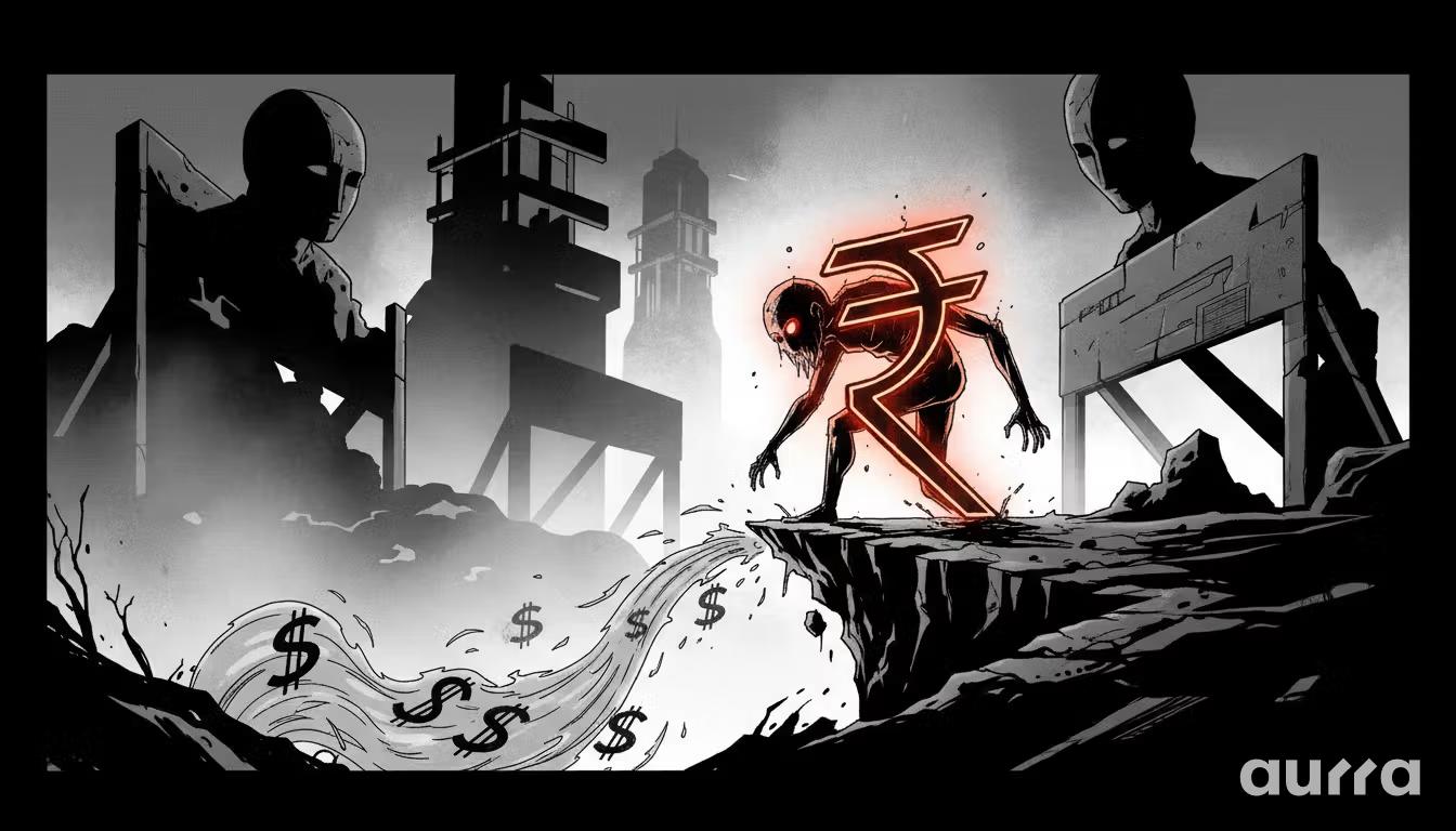 Noir-style illustration of a glowing red Indian Rupee symbol standing on a crumbling cliff edge while US Dollars flow away like a river below, representing capital flight and currency devaluation.