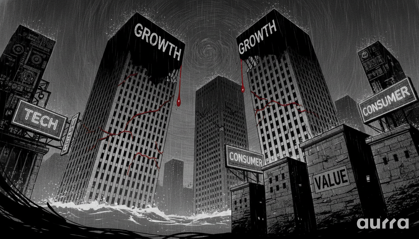 A black and white sketch drawing in image_46976d.jpg showing cracked skyscrapers labeled GROWTH standing in water, with signs for TECH, CONSUMER, and a stone structure labeled VALUE in the foreground.