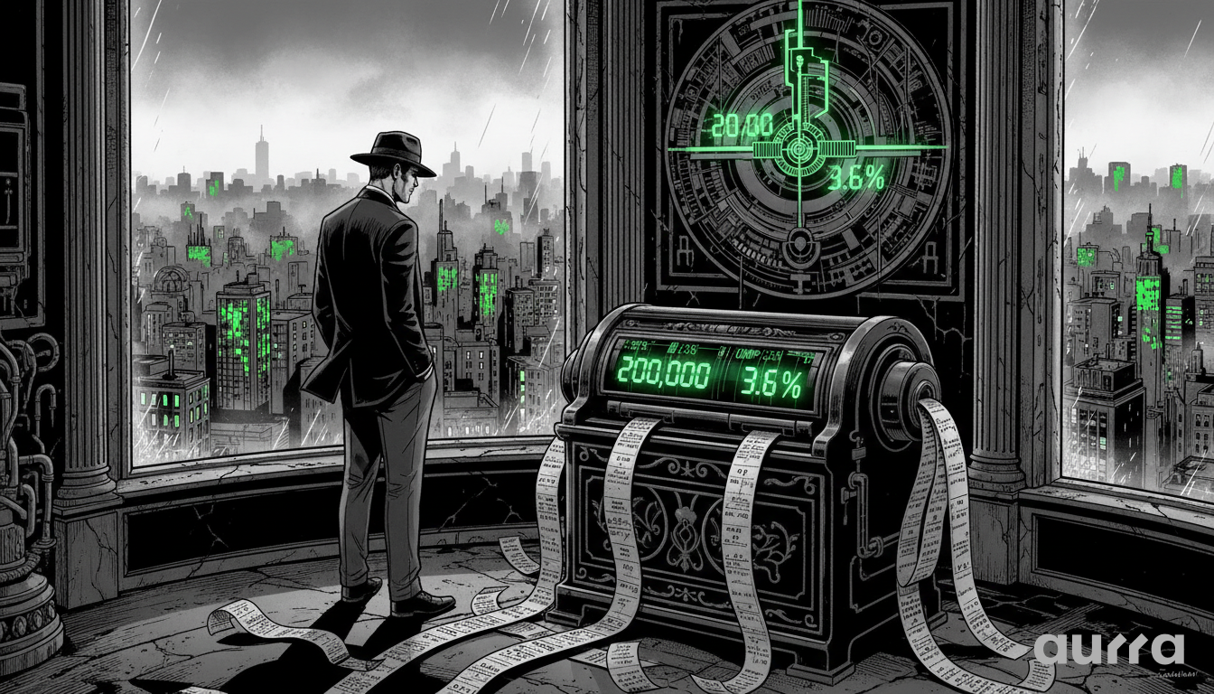 Illustration of a man in a trench coat and fedora looking out a window at a rainy city. A large ticker machine displays 200,000 and 3.6% in glowing green numbers, with long paper receipts spilling onto the floor.