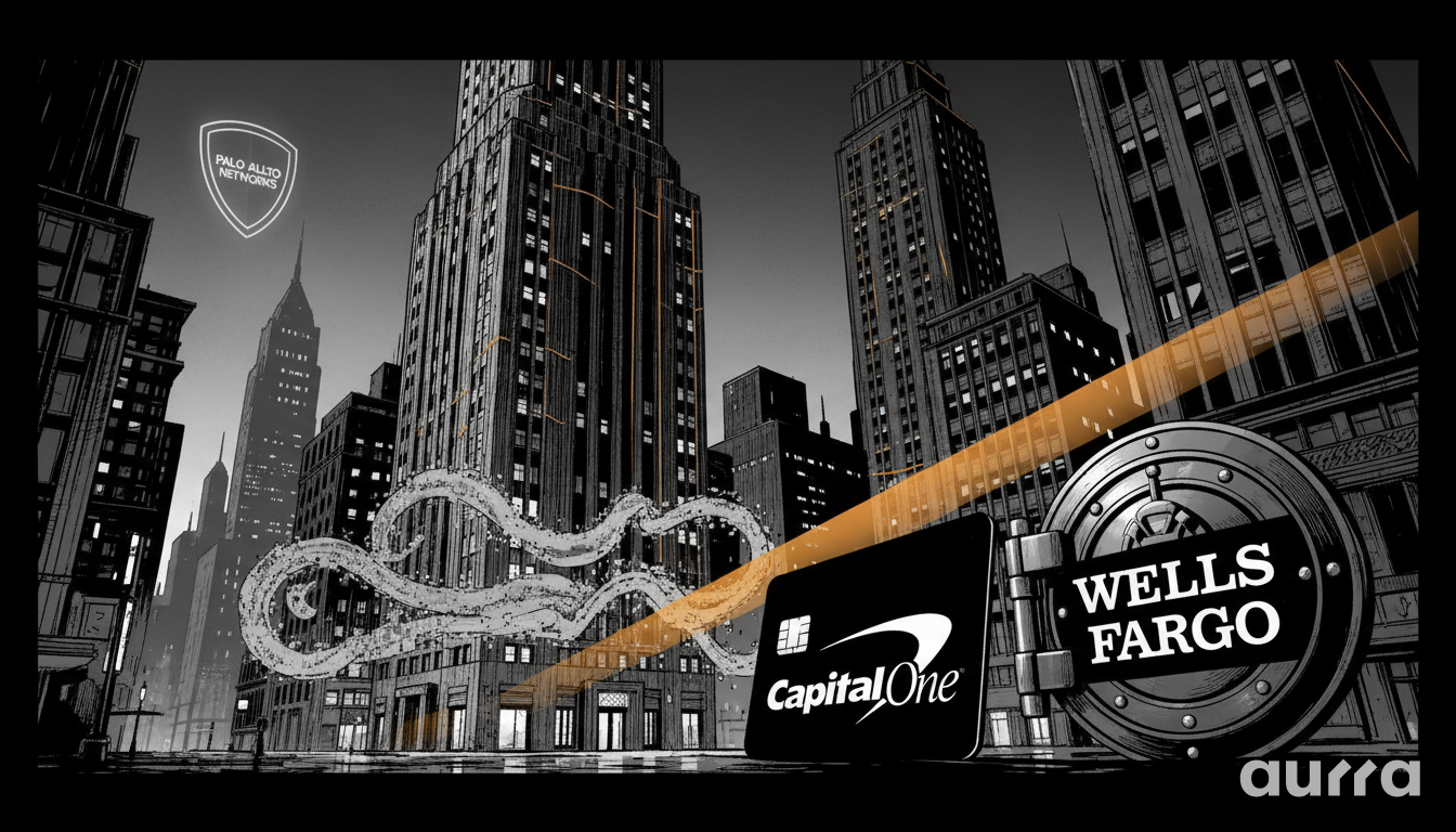 Noir-style illustration of a city street divided by an orange trend line, featuring a Palo Alto Networks shield in the sky and a Capital One credit card next to a Wells Fargo bank vault door in the foreground.