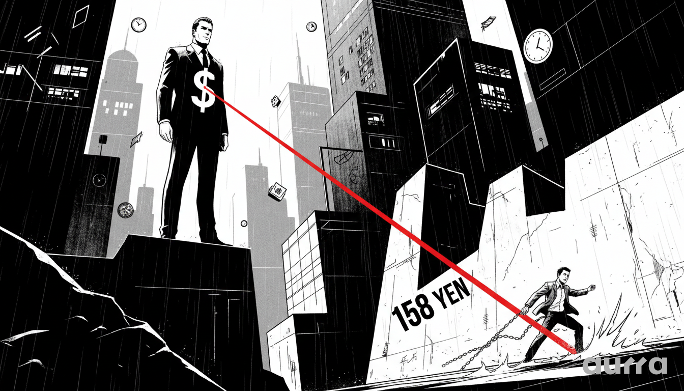 Noir-style illustration of a giant figure with a Dollar sign chest aiming a red laser at a concrete barrier labeled "158 YEN", representing the USD/JPY resistance battle.