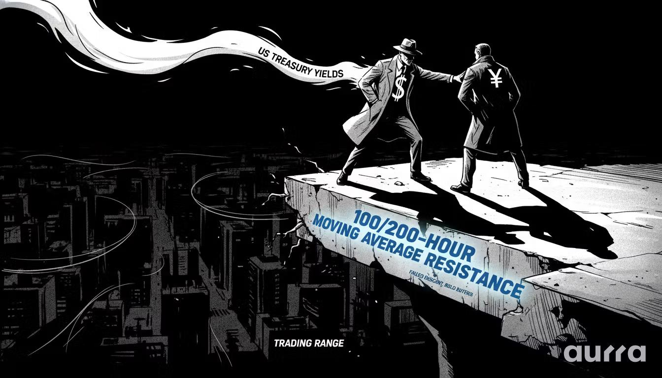 Illustration of two men in trench coats facing off on a concrete ledge. One wears a dollar sign on his chest, the other a yen symbol on his back. A stylized wind labeled US TREASURY YIELDS blows past them. The ledge reads 100/200-HOUR MOVING AVERAGE RESISTANCE above a dark city labeled TRADING RANGE.
