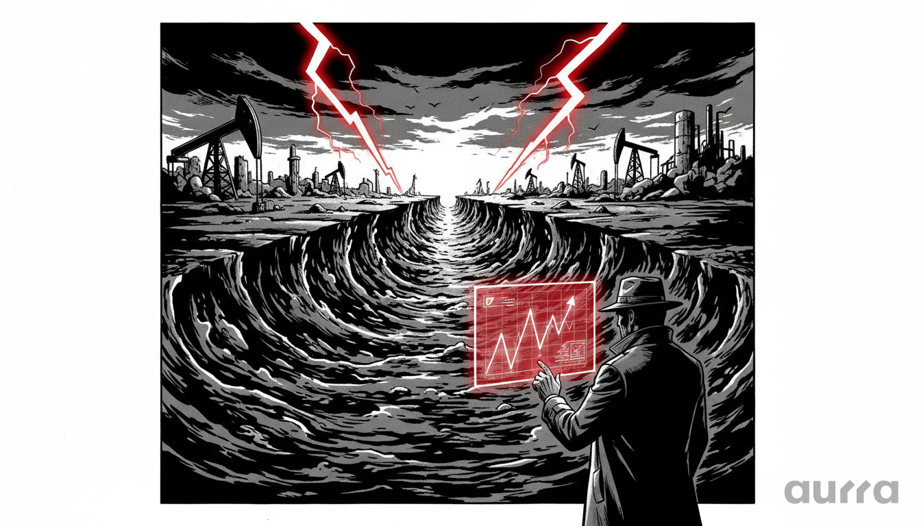 Noir-style illustration of red lightning striking oil fields across a cracked earth, with a trader analyzing a rising red chart, symbolizing the geopolitical conflict driving up crude prices.