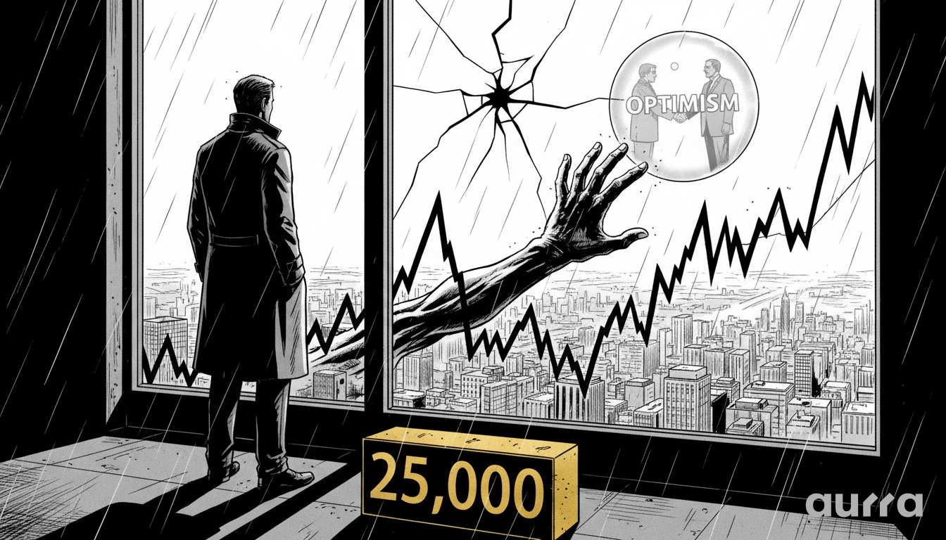 Illustration of a man in a trench coat looking out a window at a rainy city. A sharp black trend line crashes through the glass. A dark hand reaches toward a floating bubble labeled OPTIMISM showing two men shaking hands. A gold block reading 25,000 sits on the floor.