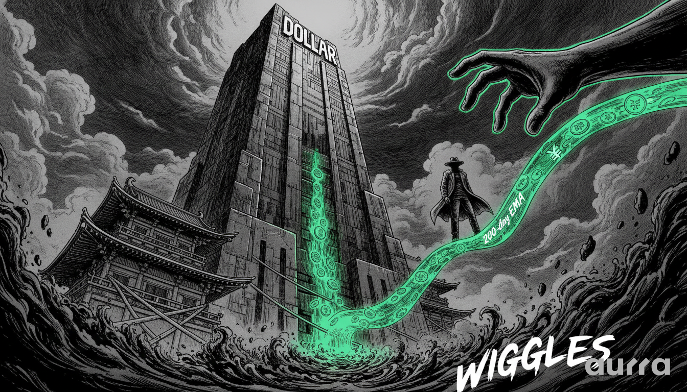 A sketch drawing in image_a19fec.jpg showing a giant skyscraper labeled DOLLAR with a glowing green ribbon labeled 200-day EMA spilling out of it into a turbulent sea labeled WIGGLES, while a hand reaches down and a man in a hat watches from the ribbon.