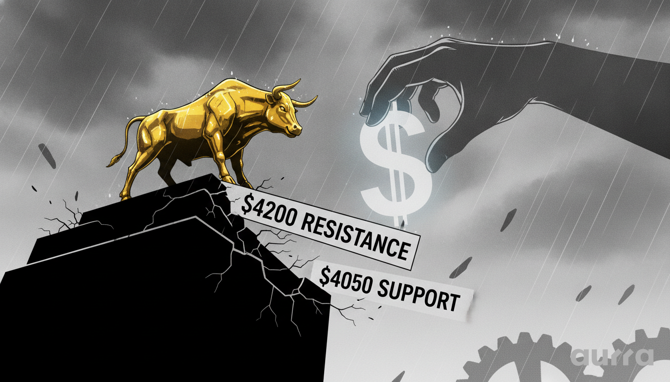 A drawing in image_bc3881.jpg showing a gold bull on a cracked cliff labeled $4200 RESISTANCE and $4050 SUPPORT as a large hand reaches down holding a dollar sign.