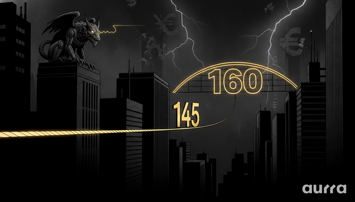 A stylized black-and-white illustration of a tightrope stretching across a city skyline toward a glowing 160 milestone under a stormy sky, watched over by a gargoyle, symbolizing the usd/jpy carry trade and intervention risks.