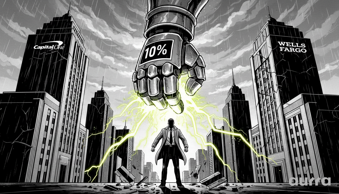 Noir-style illustration of a giant metallic fist displaying "10%" smashing into the ground between skyscrapers labeled "Capital One" and "Wells Fargo," symbolizing the regulatory shock of the proposed interest rate cap.