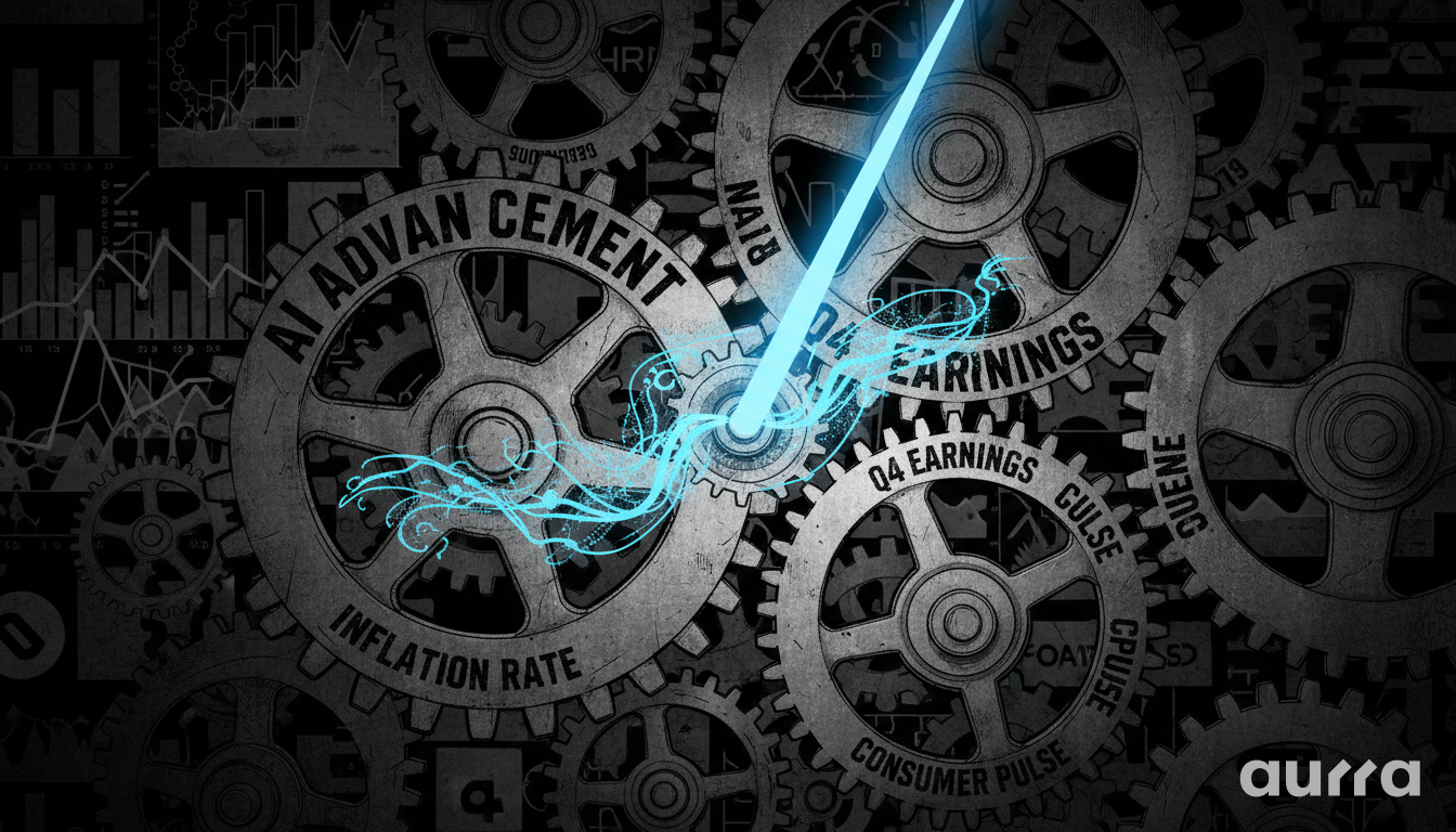 Illustration of large interlocking metal gears with engraved text reading AI ADVANCEMENT, Q4 EARNINGS, INFLATION RATE, and CONSUMER PULSE. A bright glowing blue line graph zaps directly through the center of the mechanical gears.