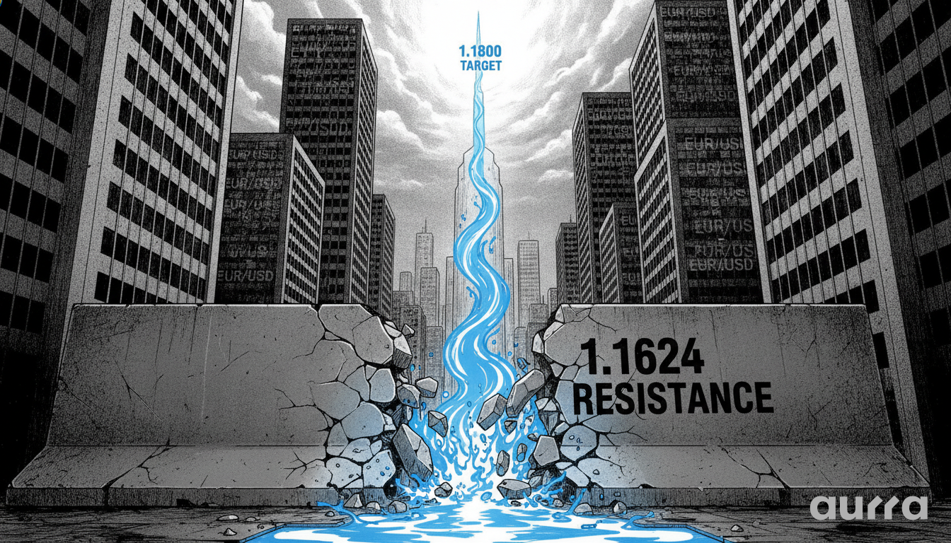 A sketch drawing in image_ebfab1.jpg showing a stream of water breaking through a concrete wall labeled 1.1624 RESISTANCE and flowing upward toward the text 1.1800 TARGET, surrounded by skyscrapers covered with the text EUR/USD.