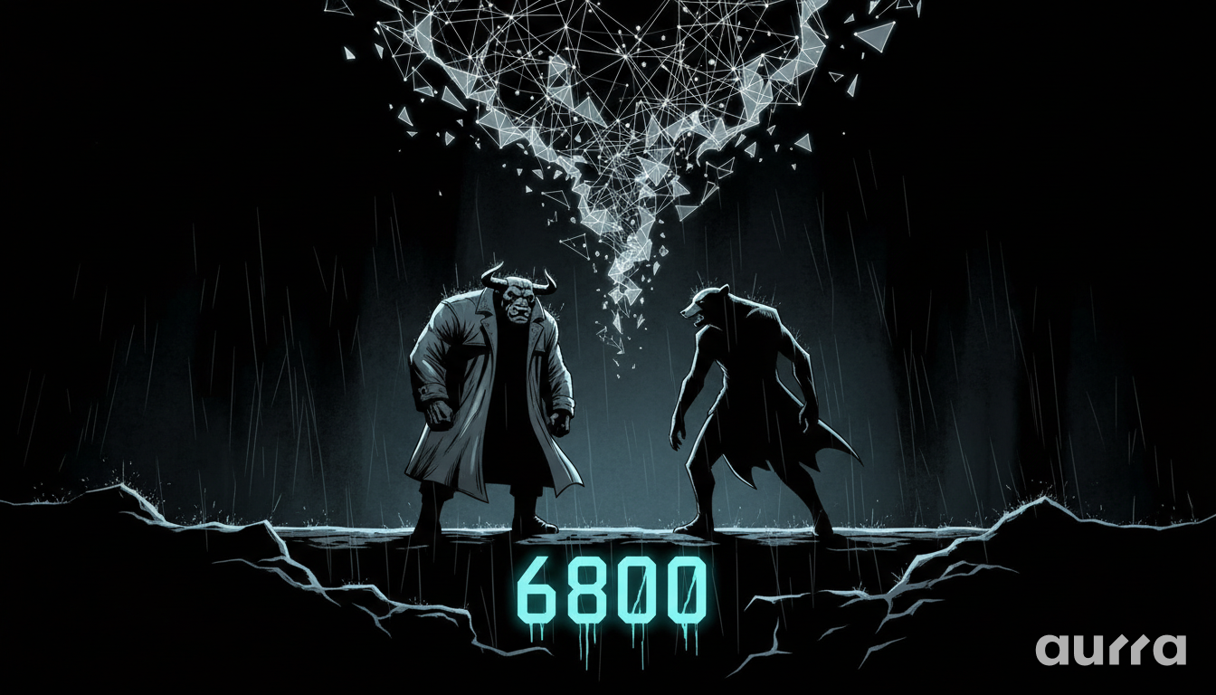 A bull and bear figure facing each other in the rain, standing over a glowing "6800" sign representing S&P 500 support.